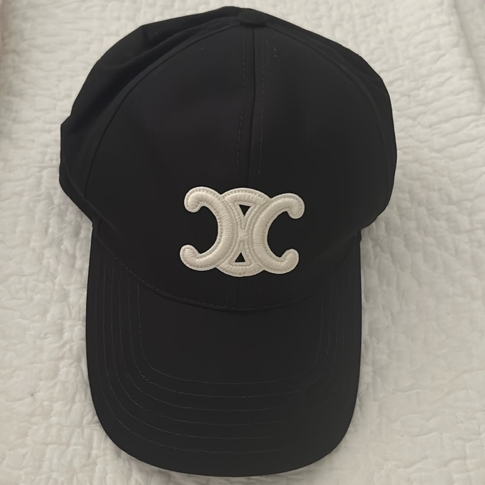 Celine Black Cap with White Triomphe Logo - Size Medium
